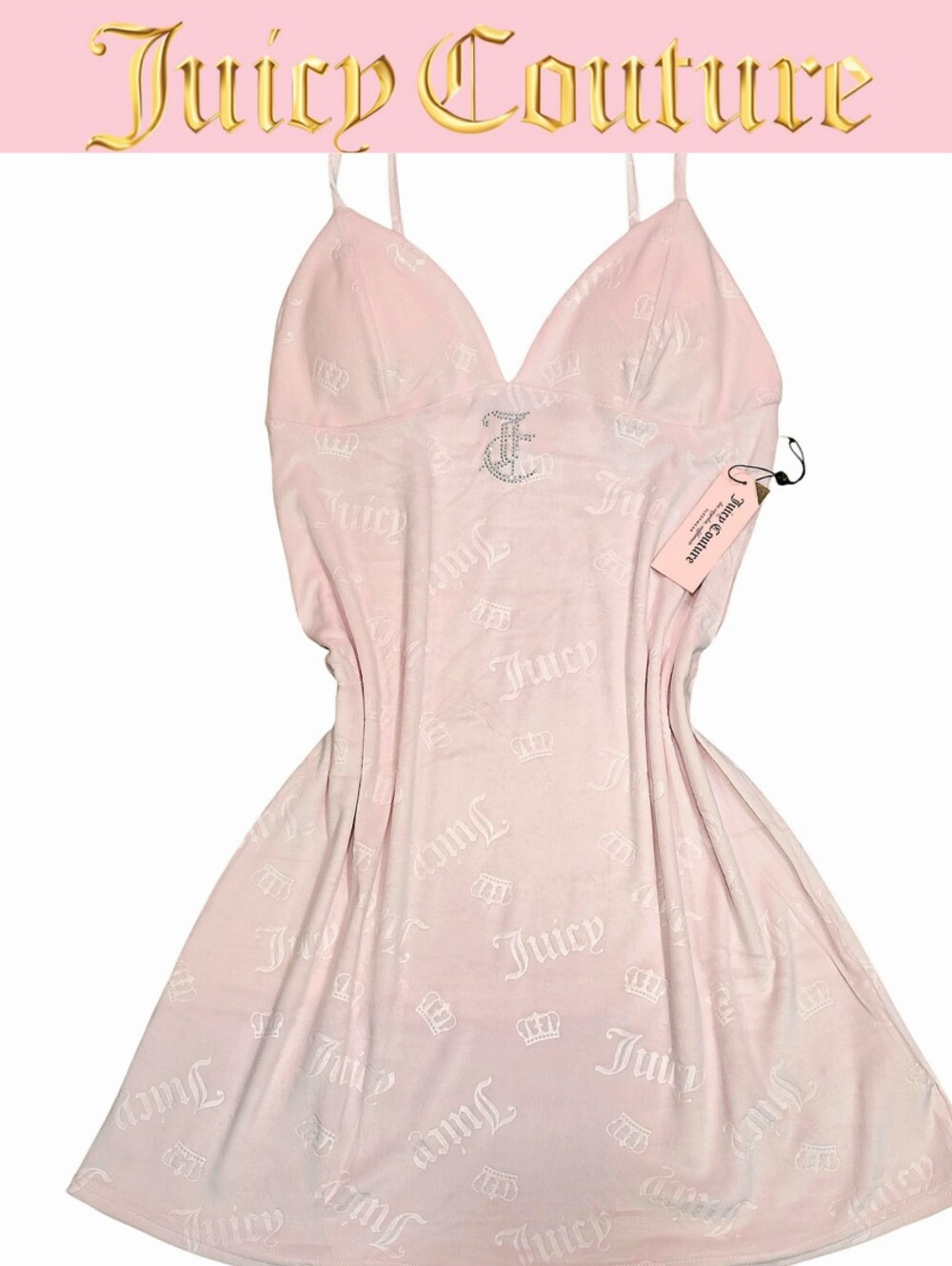 Juicy Couture Embossed Crown Script Logo & Rhinestone JC Velour Chemise- Pink